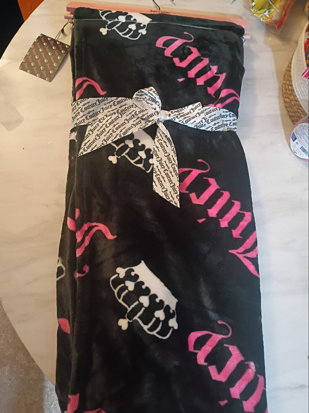Juicy Couture Black Plush Throw with Pink Script & White Crown Motifs